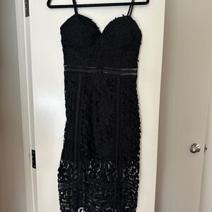 Glamour Curve 3D Lace Bustier Midi Dress – Elegant Black Special Occasion Style